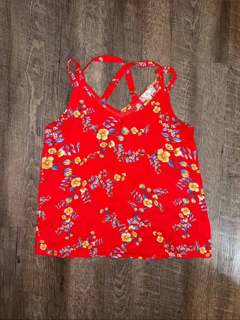 Pink Rose Red Floral V-Neck Crisscross Strap Camisole